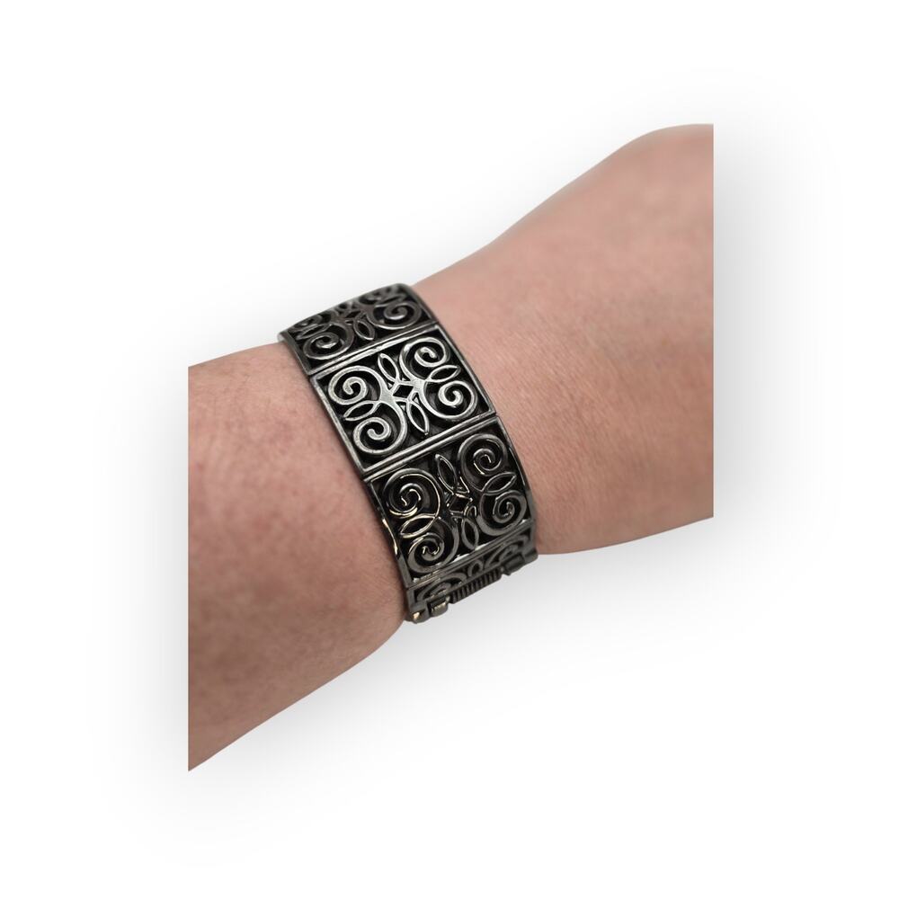 Dark Filigree Scrollwork Hinged Cuff Vintage Brac… - image 2